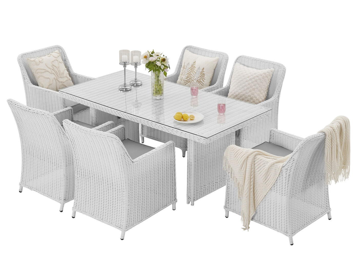 Diningset 7-delig - halfrond wicker - Wit / grijze kussens - glazen tafelblad – kavel bij Openbare Verkopen