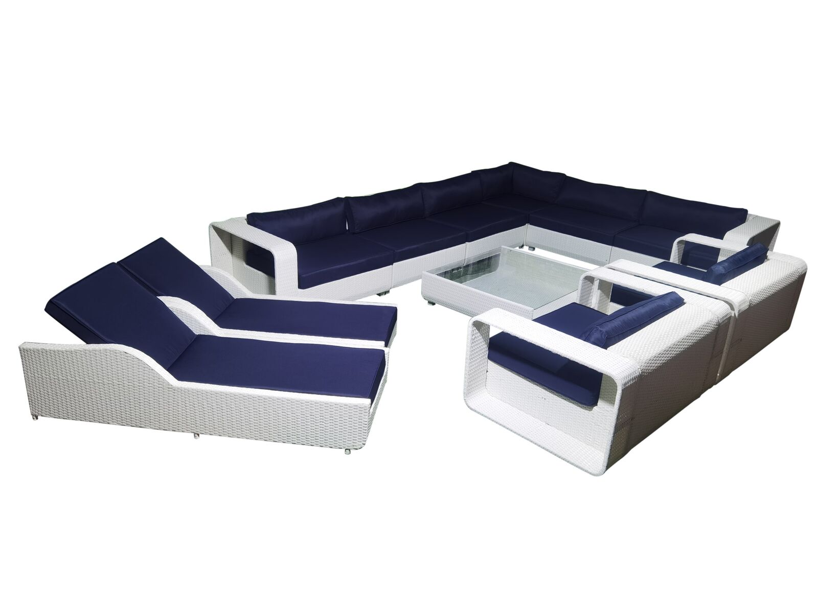 Loungeset 11-delig White wicker /donker blauwe kussens – kavel bij Openbare Verkopen